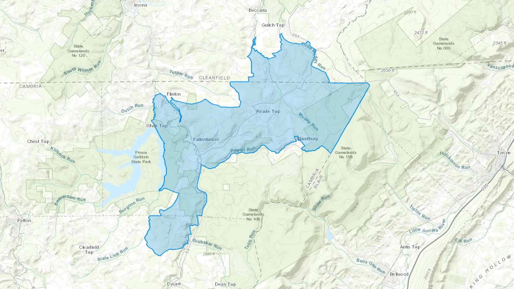 Fallentimber, PA Cash heating Oil delivery map Map of the COD Fuel Oil delivery service area for Fallentimber, PA