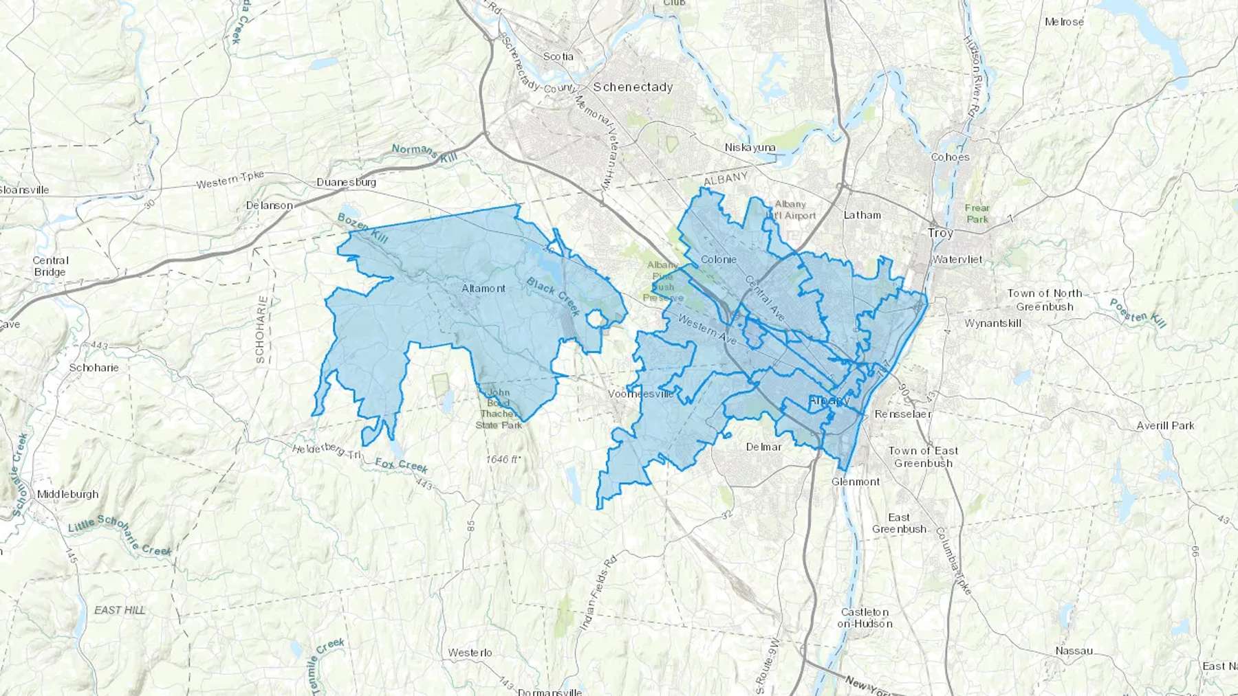 Albany, NY Cash heating Oil delivery map Map of the COD Fuel Oil delivery service area for Albany, NY