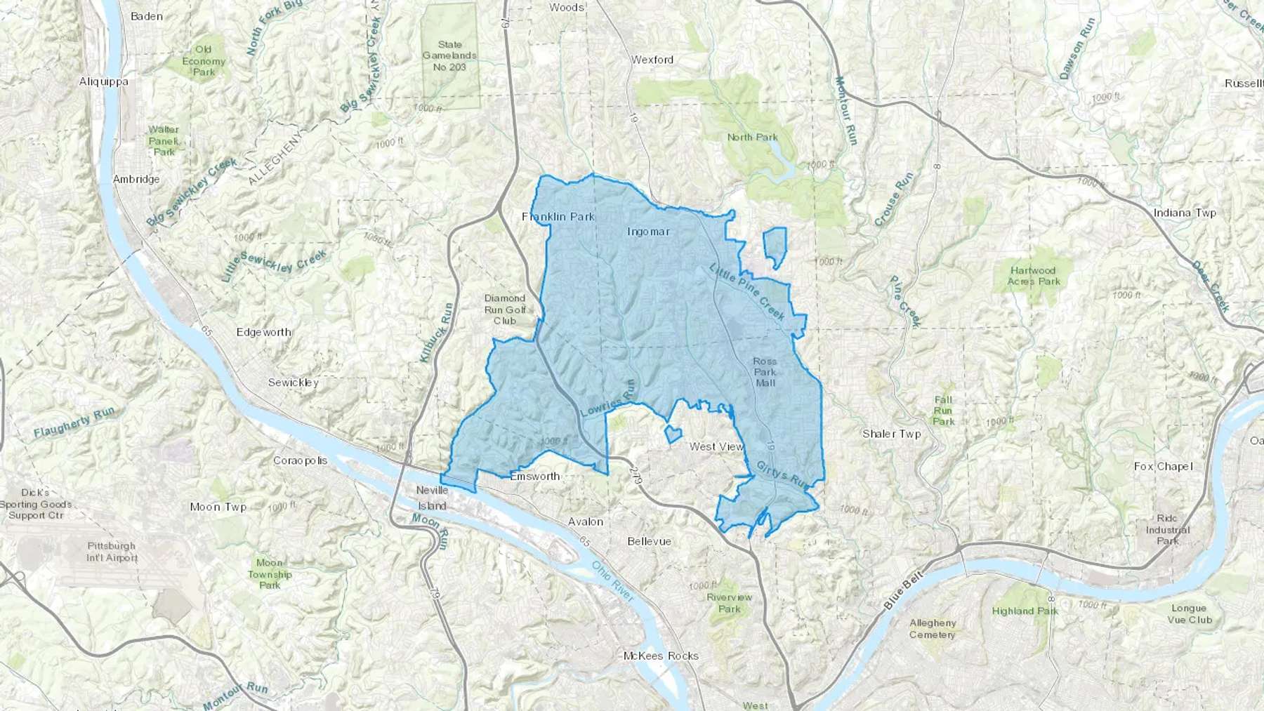 Ingomar, PA Cash heating Oil delivery map Map of the COD Fuel Oil delivery service area for Ingomar, PA