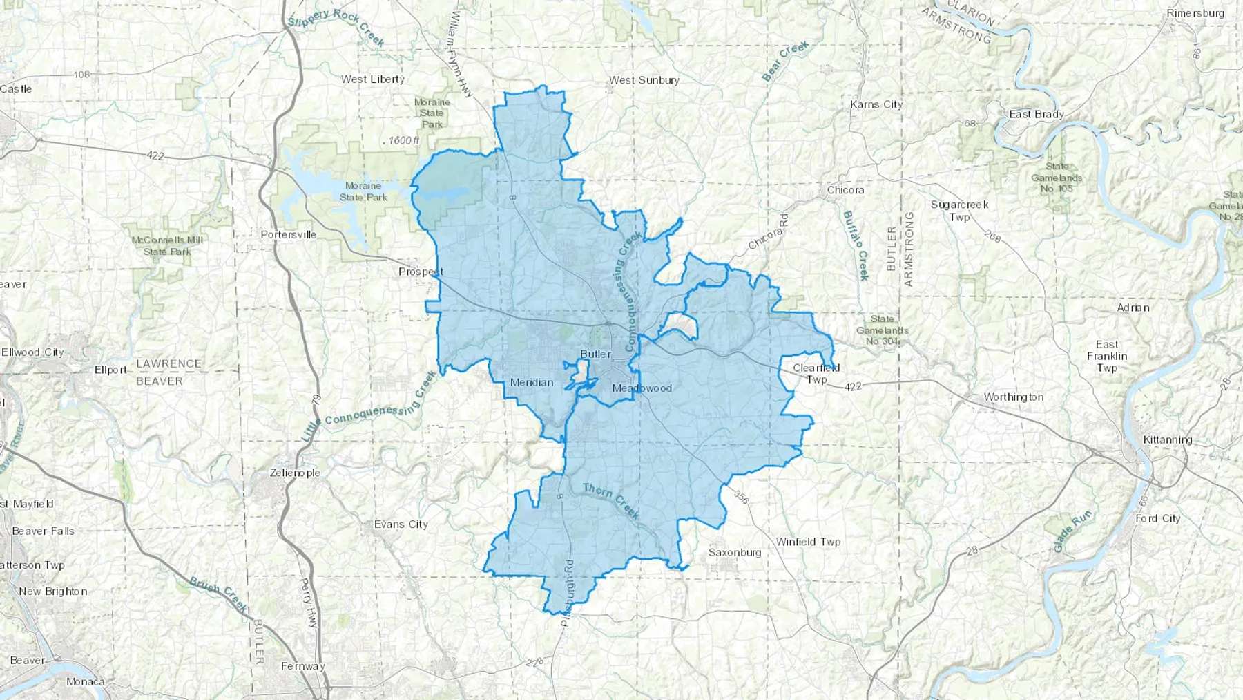 Butler, PA Cash heating Oil delivery map Map of the COD Fuel Oil delivery service area for Butler, PA
