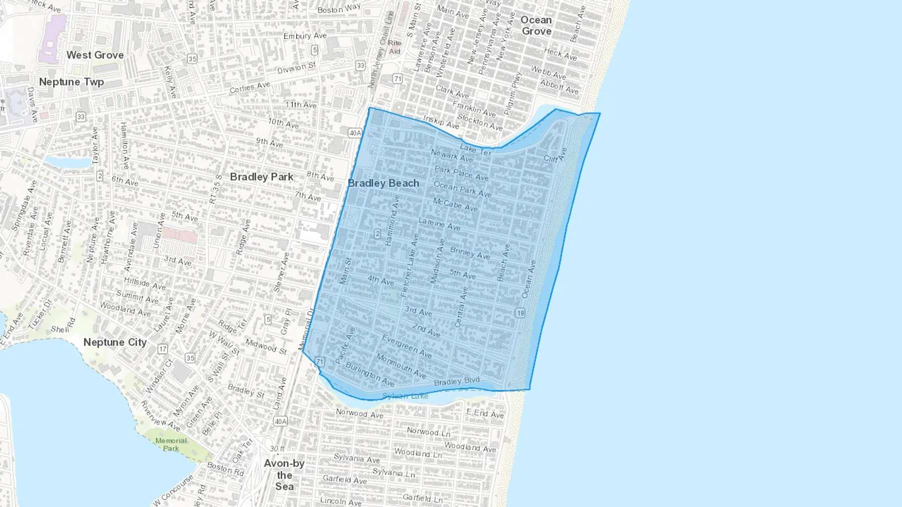 Bradley Beach, NJ Cash heating Oil delivery map Map of the COD Fuel Oil delivery service area for Bradley Beach, NJ