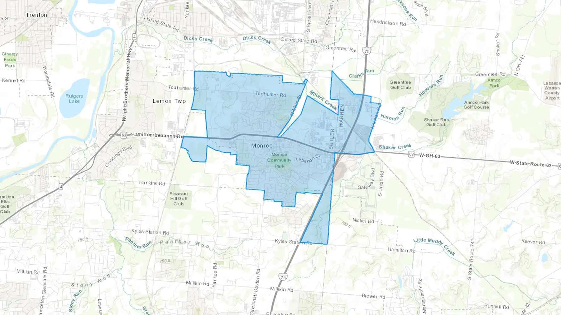 Monroe, OH Cash heating Oil delivery map Map of the COD Fuel Oil delivery service area for Monroe, OH