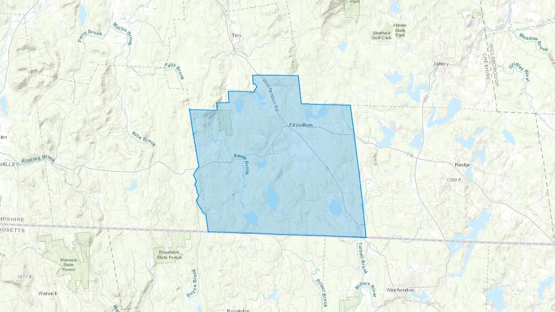Fitzwilliam, NH Cash heating Oil delivery map Map of the COD Fuel Oil delivery service area for Fitzwilliam, NH