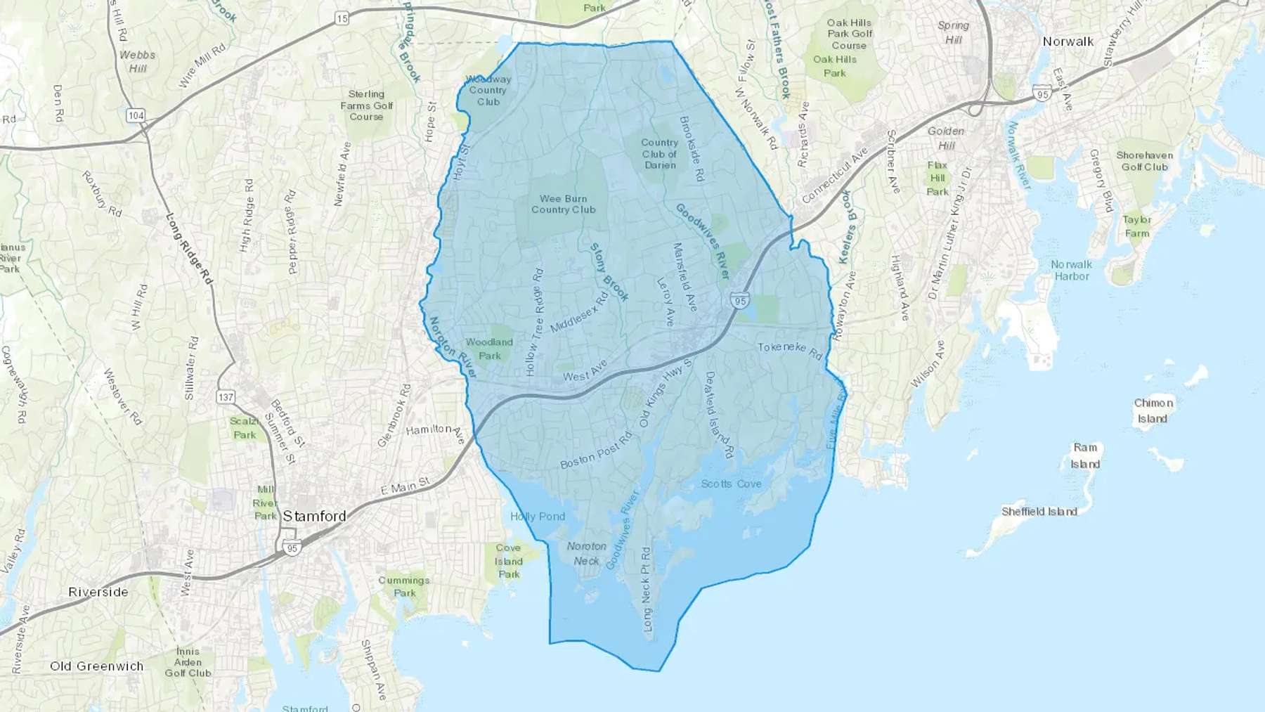 Darien, CT Cash heating Oil delivery map Map of the COD Fuel Oil delivery service area for Darien, CT
