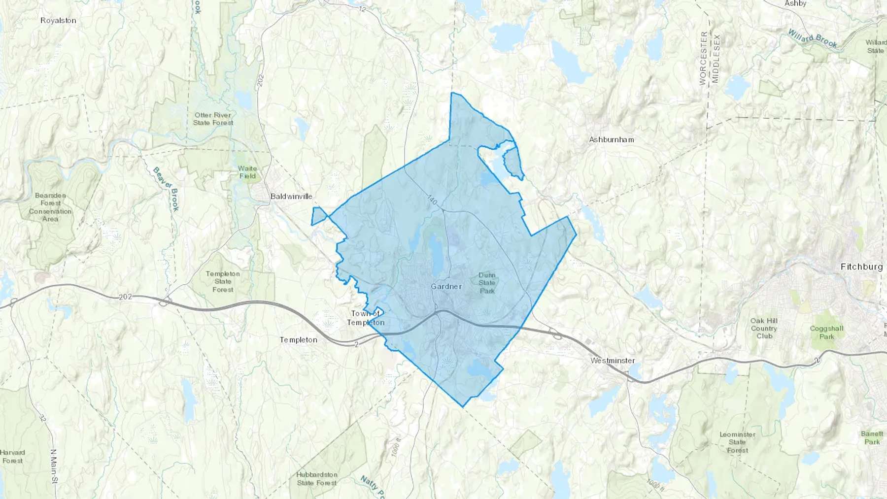 Gardner, MA Cash heating Oil delivery map Map of the COD Fuel Oil delivery service area for Gardner, MA