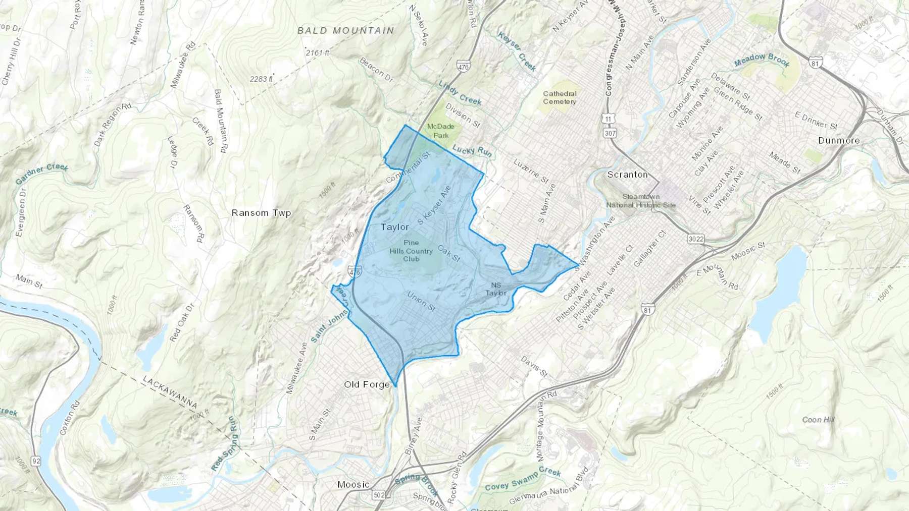 Taylor, PA Cash heating Oil delivery map Map of the COD Fuel Oil delivery service area for Taylor, PA