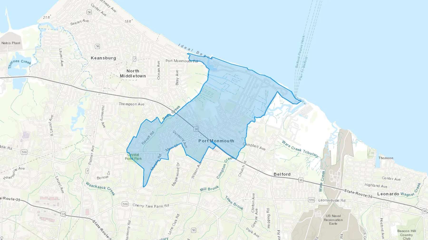 Port Monmouth, NJ Cash heating Oil delivery map Map of the COD Fuel Oil delivery service area for Port Monmouth, NJ