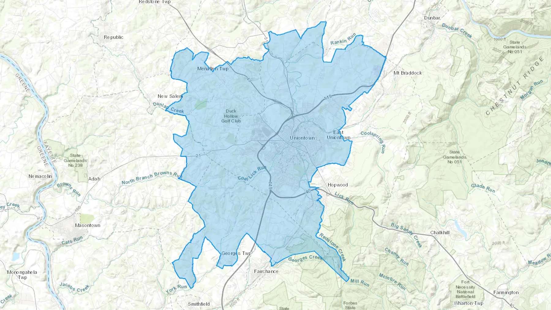 Uniontown, PA Cash heating Oil delivery map Map of the COD Fuel Oil delivery service area for Uniontown, PA