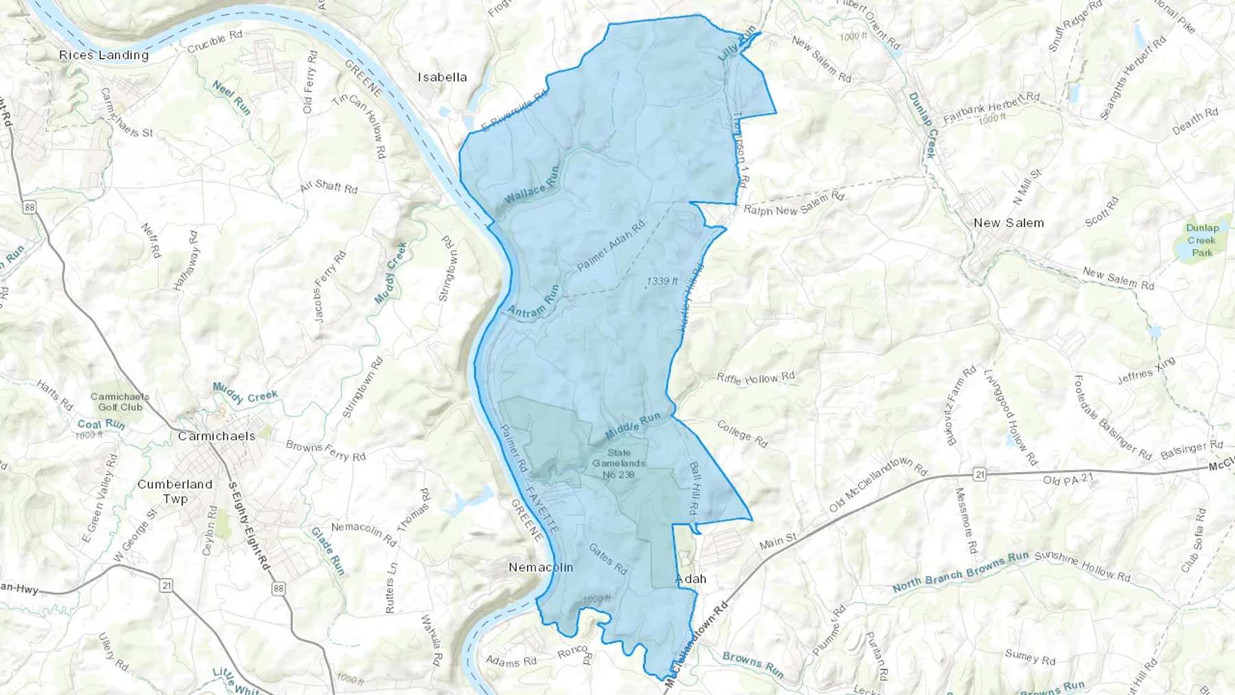 Adah, PA Cash heating Oil delivery map Map of the COD Fuel Oil delivery service area for Adah, PA