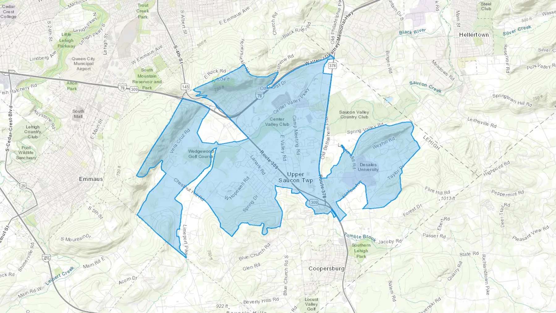 Center Valley, PA Cash heating Oil delivery map Map of the COD Fuel Oil delivery service area for Center Valley, PA
