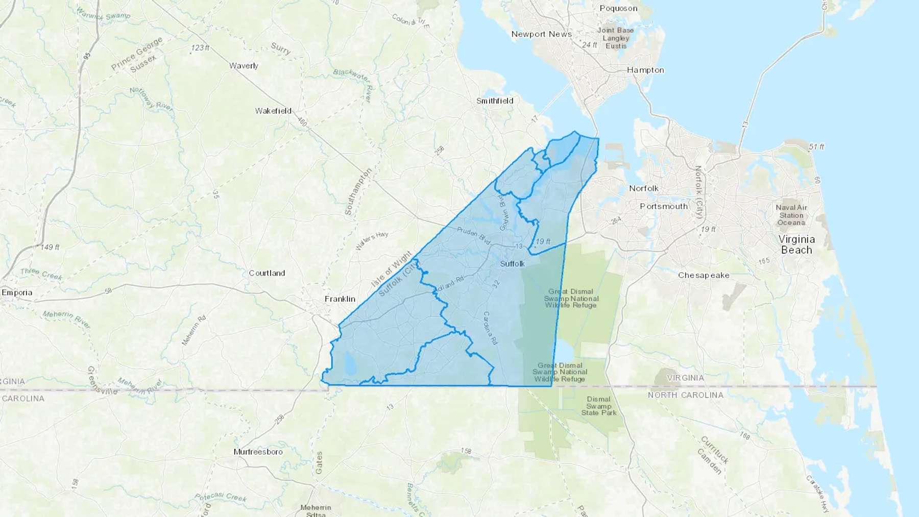 Suffolk, VA Cash heating Oil delivery map Map of the COD Fuel Oil delivery service area for Suffolk, VA
