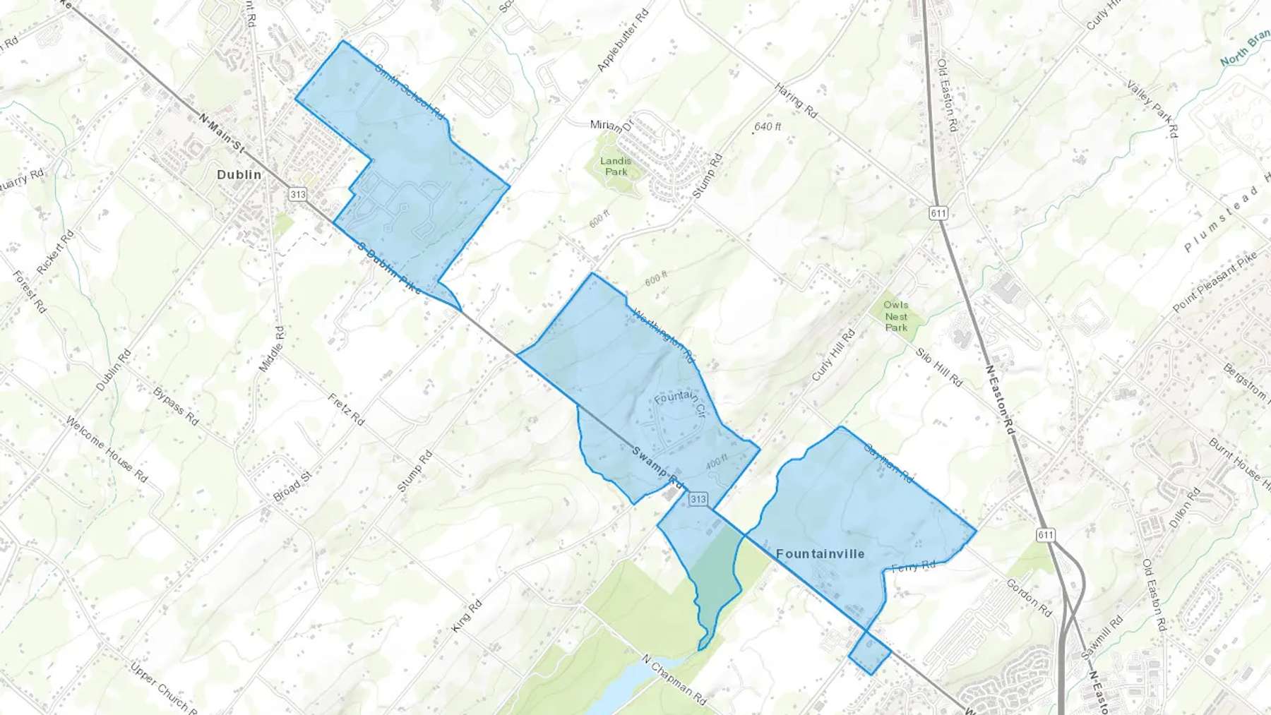 Fountainville, PA Cash heating Oil delivery map Map of the COD Fuel Oil delivery service area for Fountainville, PA
