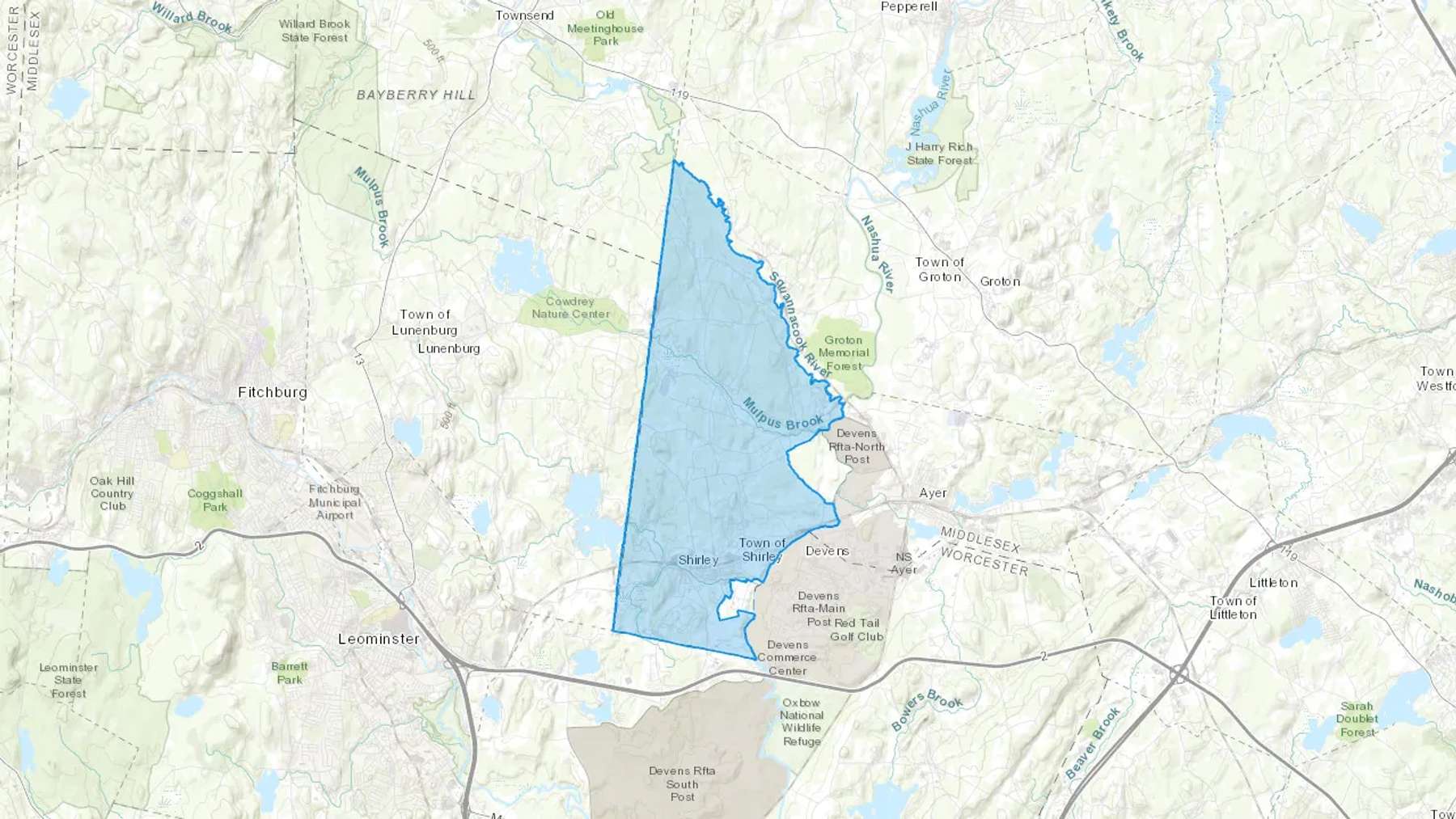 Shirley, MA Cash heating Oil delivery map Map of the COD Fuel Oil delivery service area for Shirley, MA