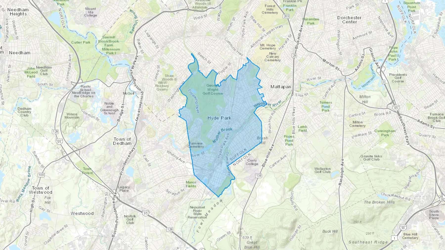 Hyde Park, MA Cash heating Oil delivery map Map of the COD Fuel Oil delivery service area for Hyde Park, MA