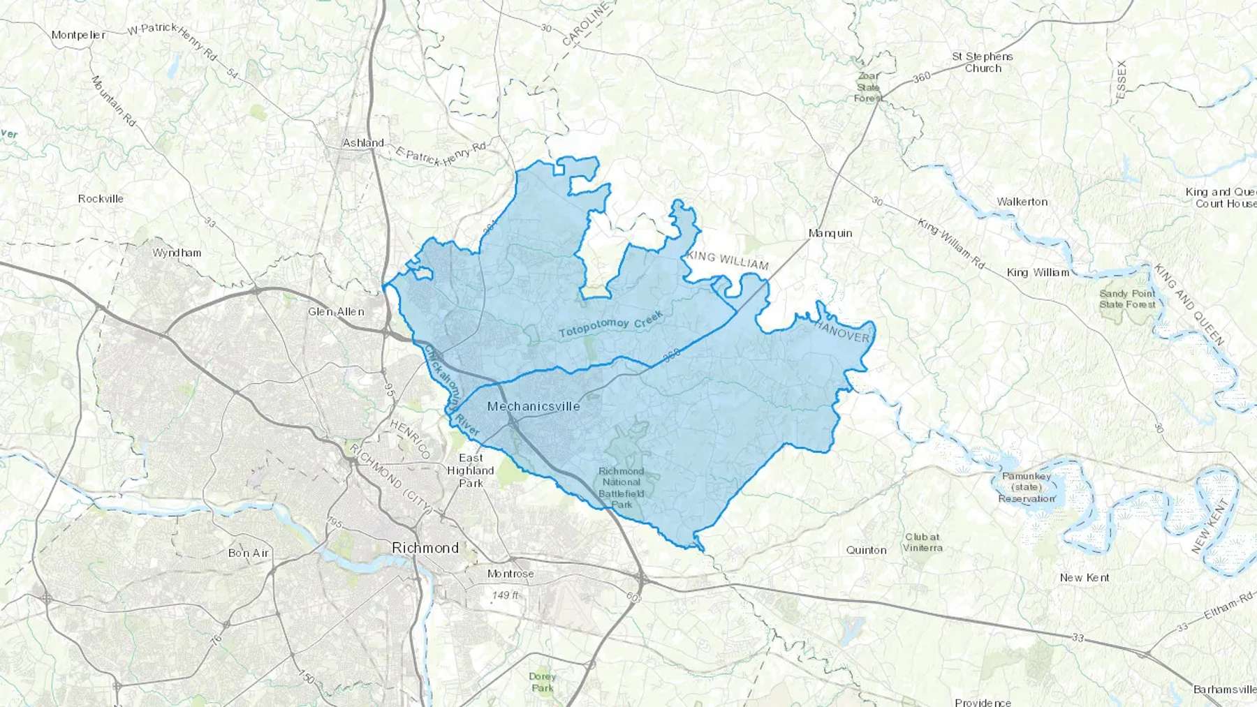 Mechanicsville, VA Cash heating Oil delivery map Map of the COD Fuel Oil delivery service area for Mechanicsville, VA