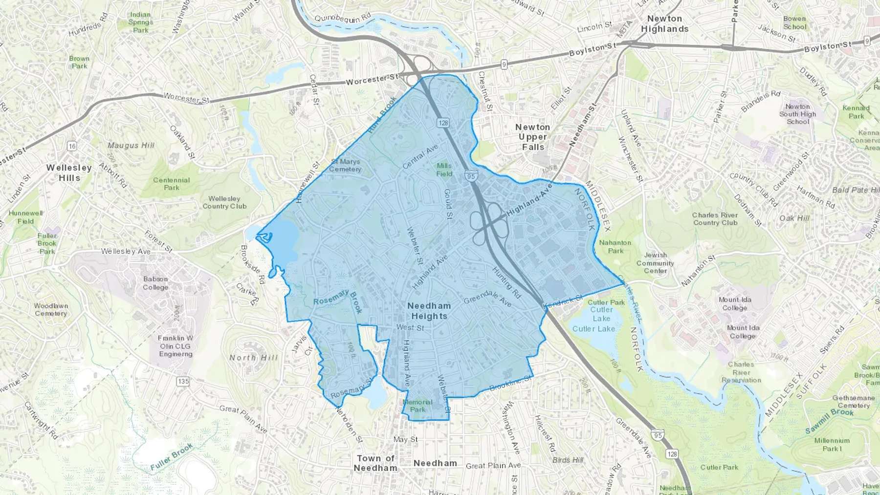 Needham Heights, MA Cash heating Oil delivery map Map of the COD Fuel Oil delivery service area for Needham Heights, MA