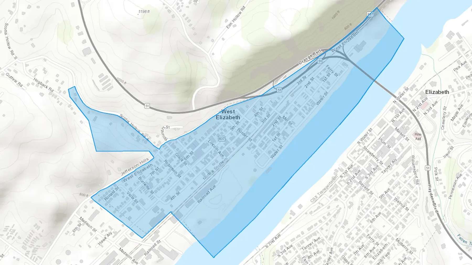 West Elizabeth, PA Cash heating Oil delivery map Map of the COD Fuel Oil delivery service area for West Elizabeth, PA