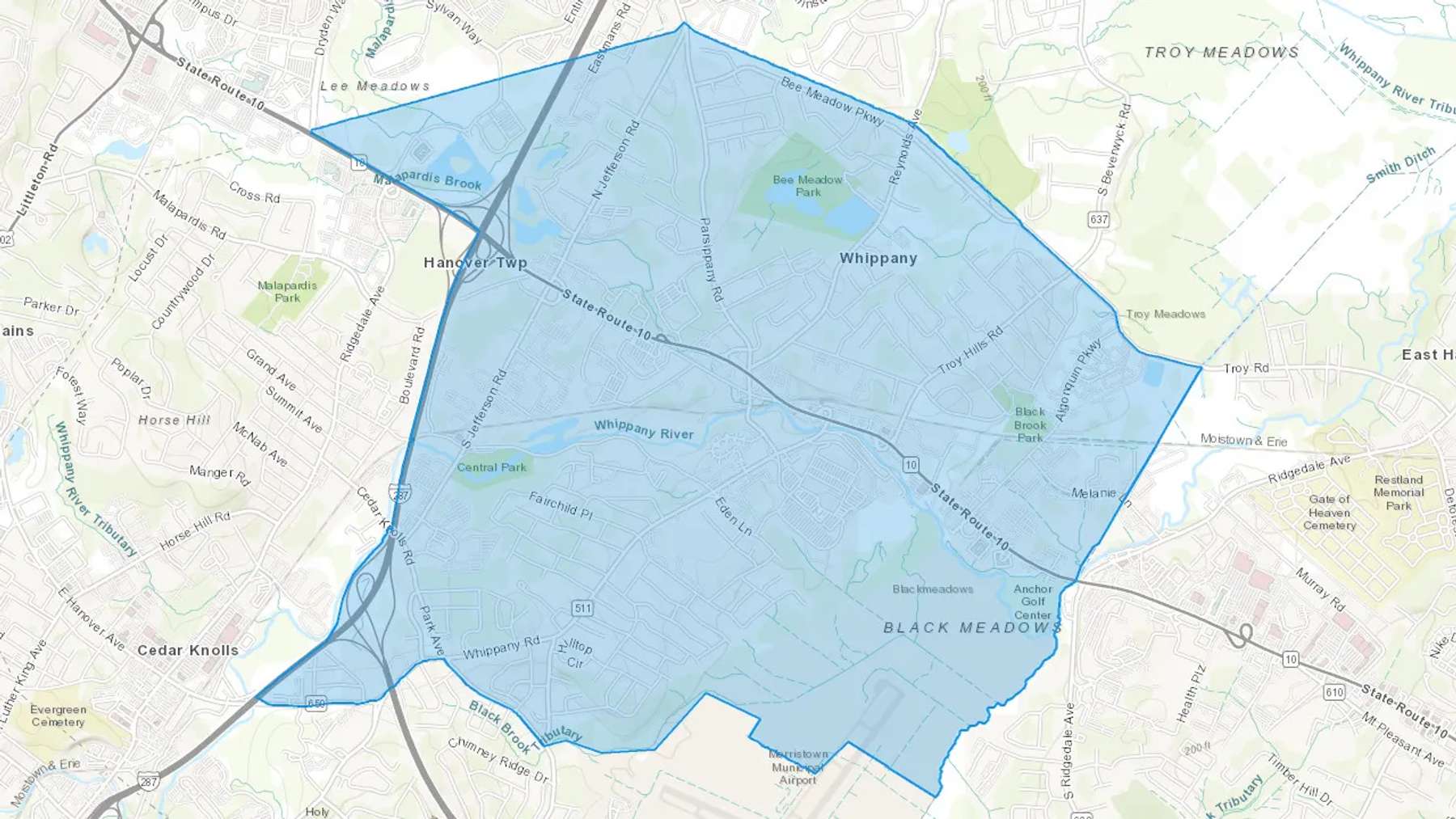 Whippany, NJ Cash heating Oil delivery map Map of the COD Fuel Oil delivery service area for Whippany, NJ
