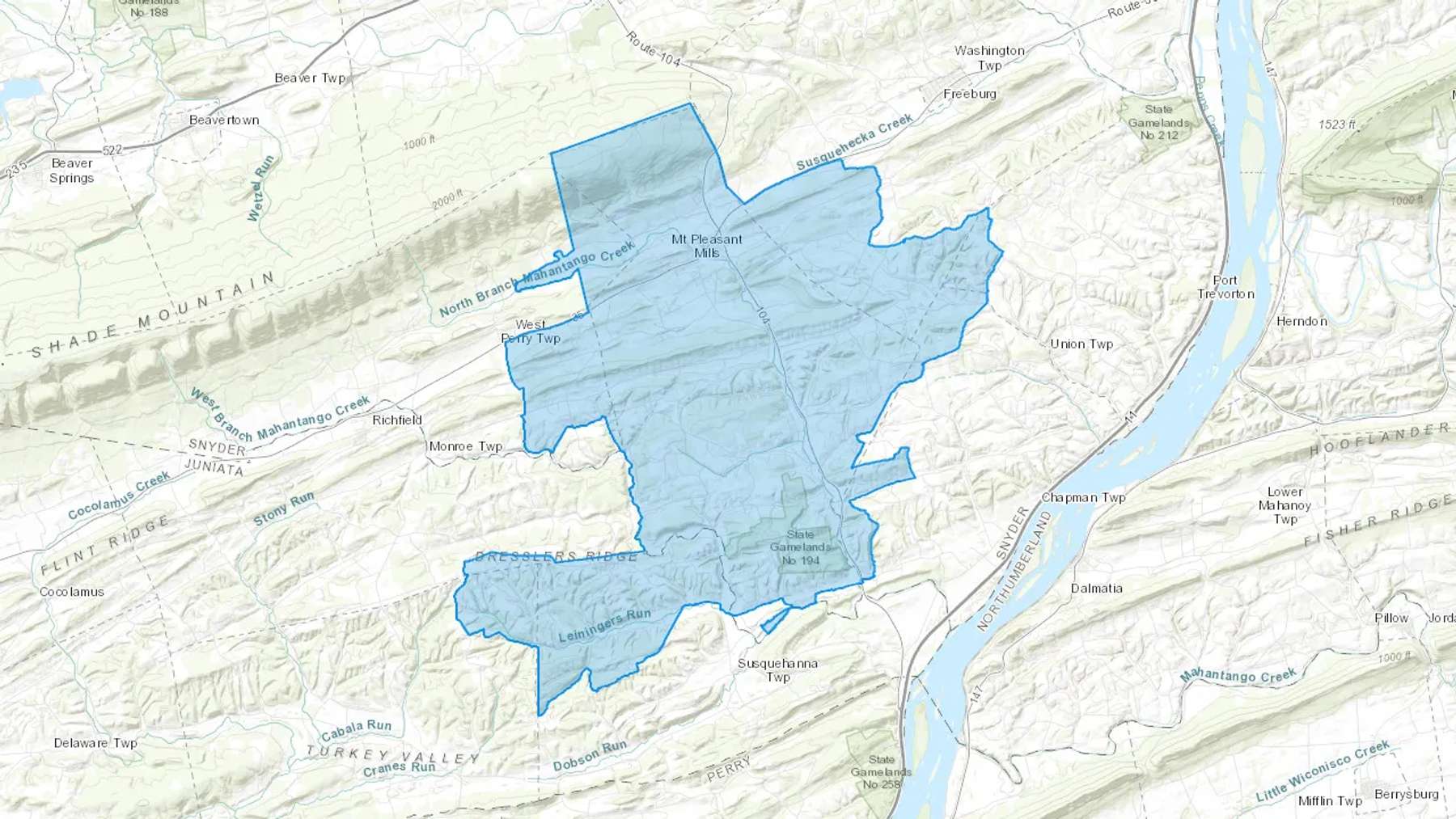 Mount Pleasant Mills, PA Cash heating Oil delivery map Map of the COD Fuel Oil delivery service area for Mount Pleasant Mills, PA