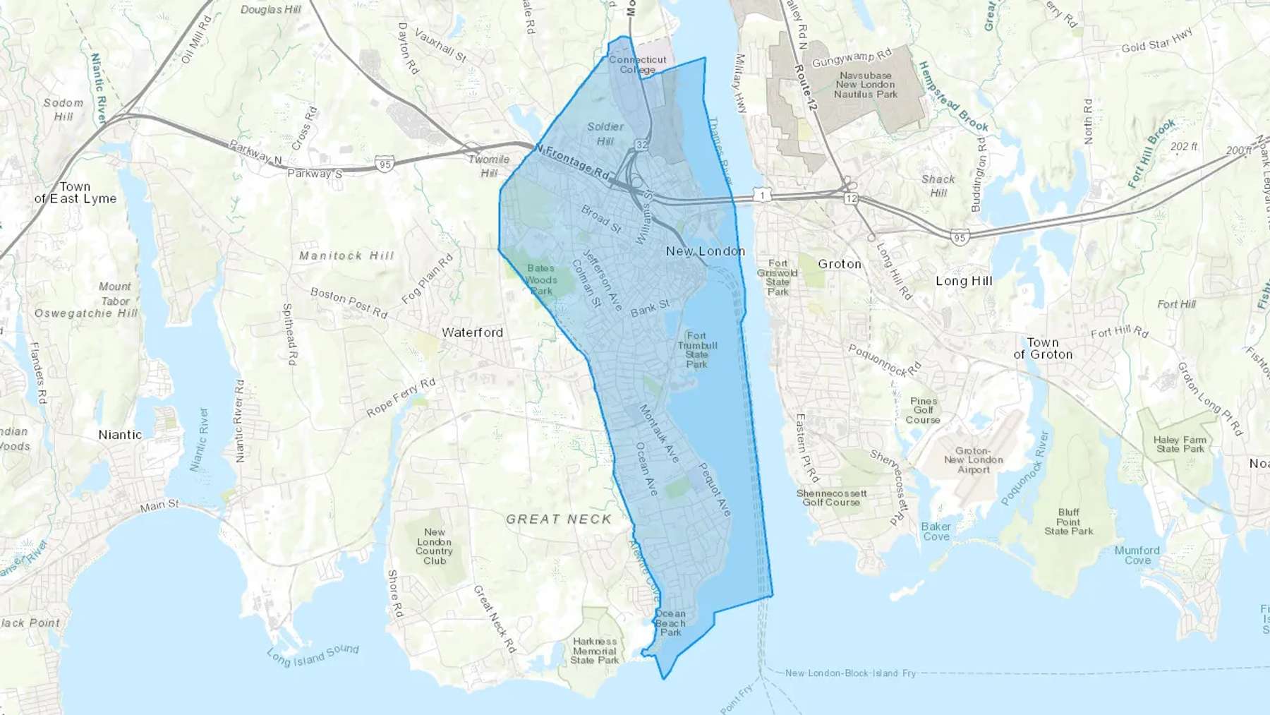 New London, CT Cash heating Oil delivery map Map of the COD Fuel Oil delivery service area for New London, CT