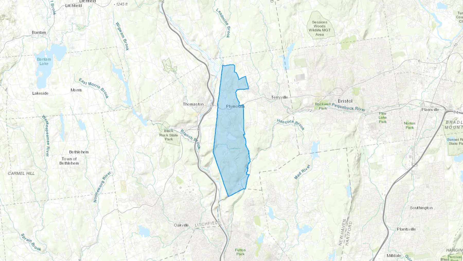 Plymouth, CT Cash heating Oil delivery map Map of the COD Fuel Oil delivery service area for Plymouth, CT