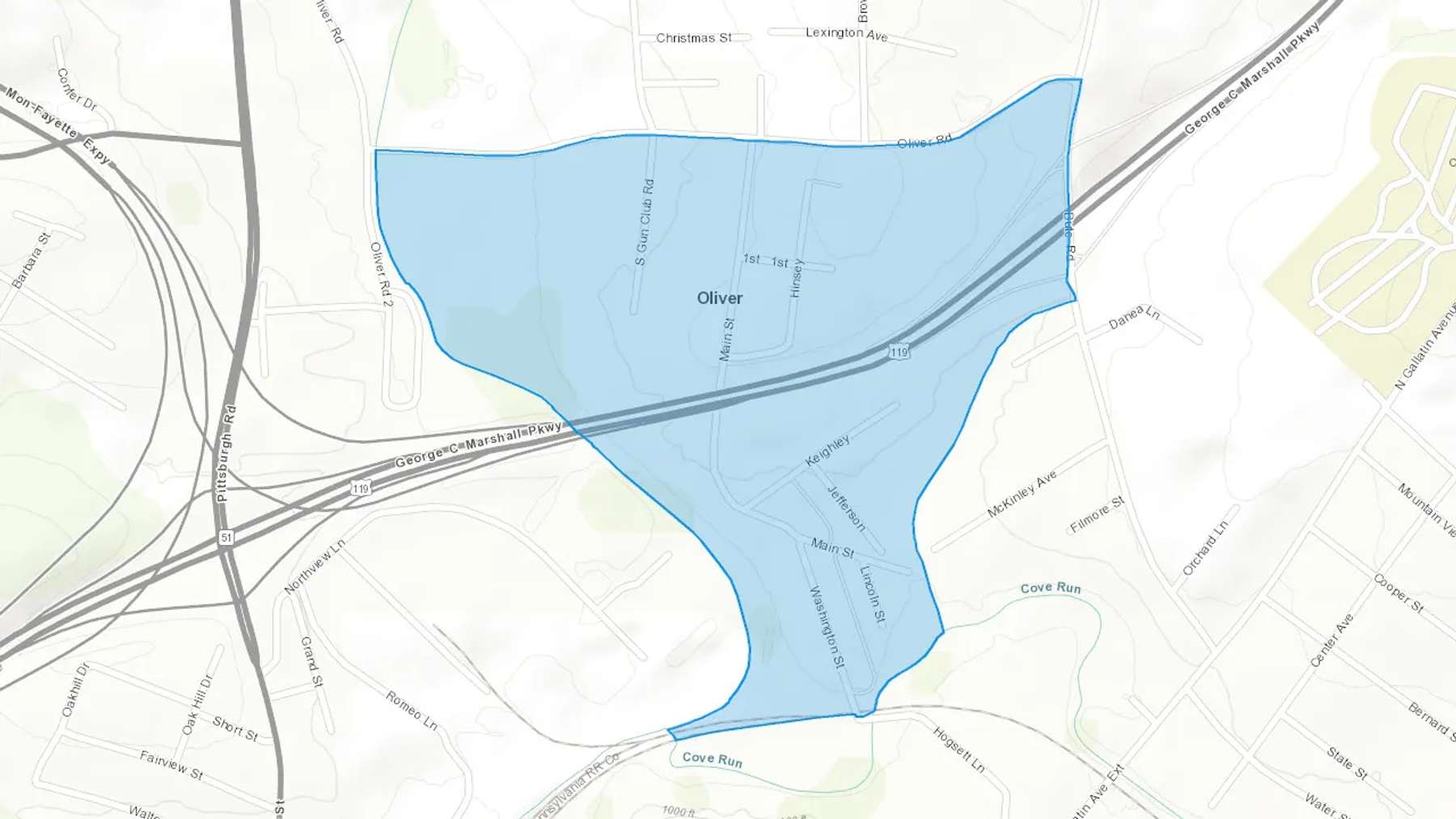 Oliver, PA Cash heating Oil delivery map Map of the COD Fuel Oil delivery service area for Oliver, PA