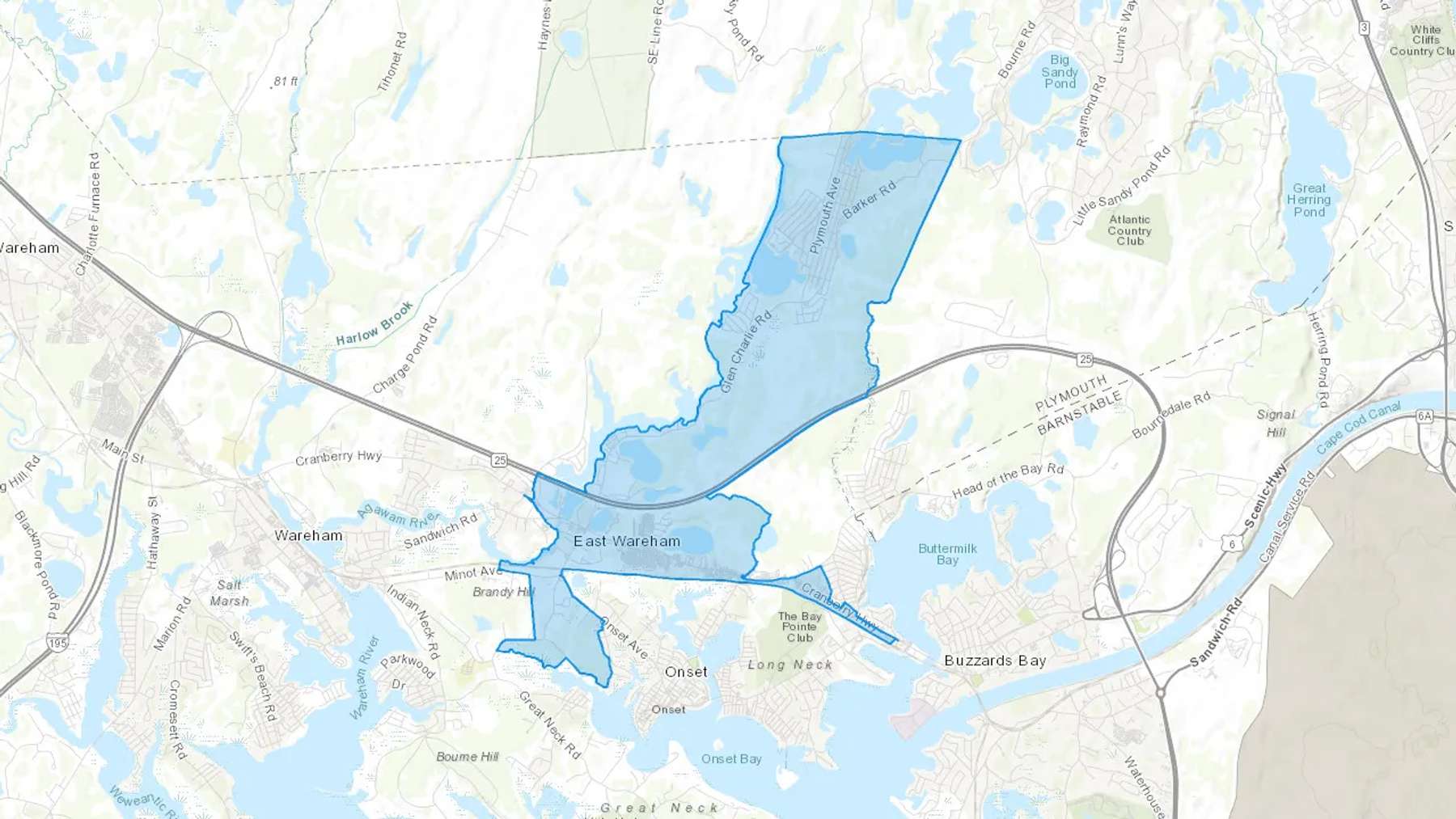 East Wareham, MA Cash heating Oil delivery map Map of the COD Fuel Oil delivery service area for East Wareham, MA