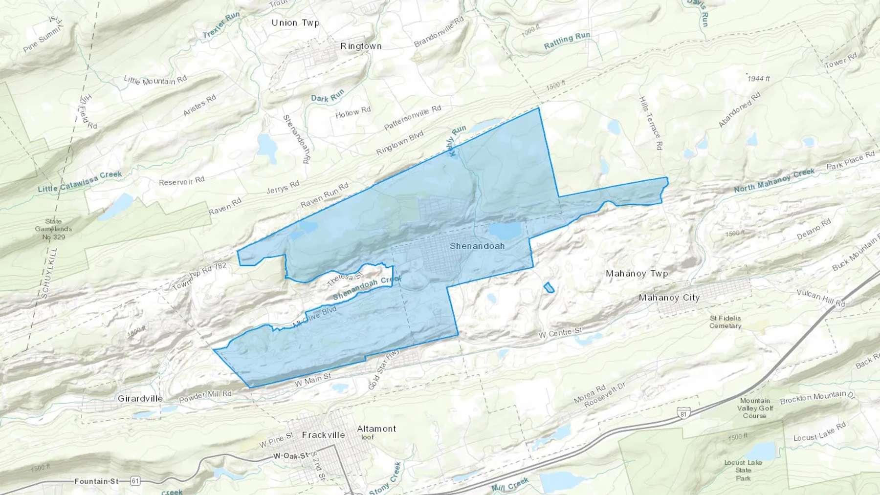 Shenandoah, PA Cash heating Oil delivery map Map of the COD Fuel Oil delivery service area for Shenandoah, PA
