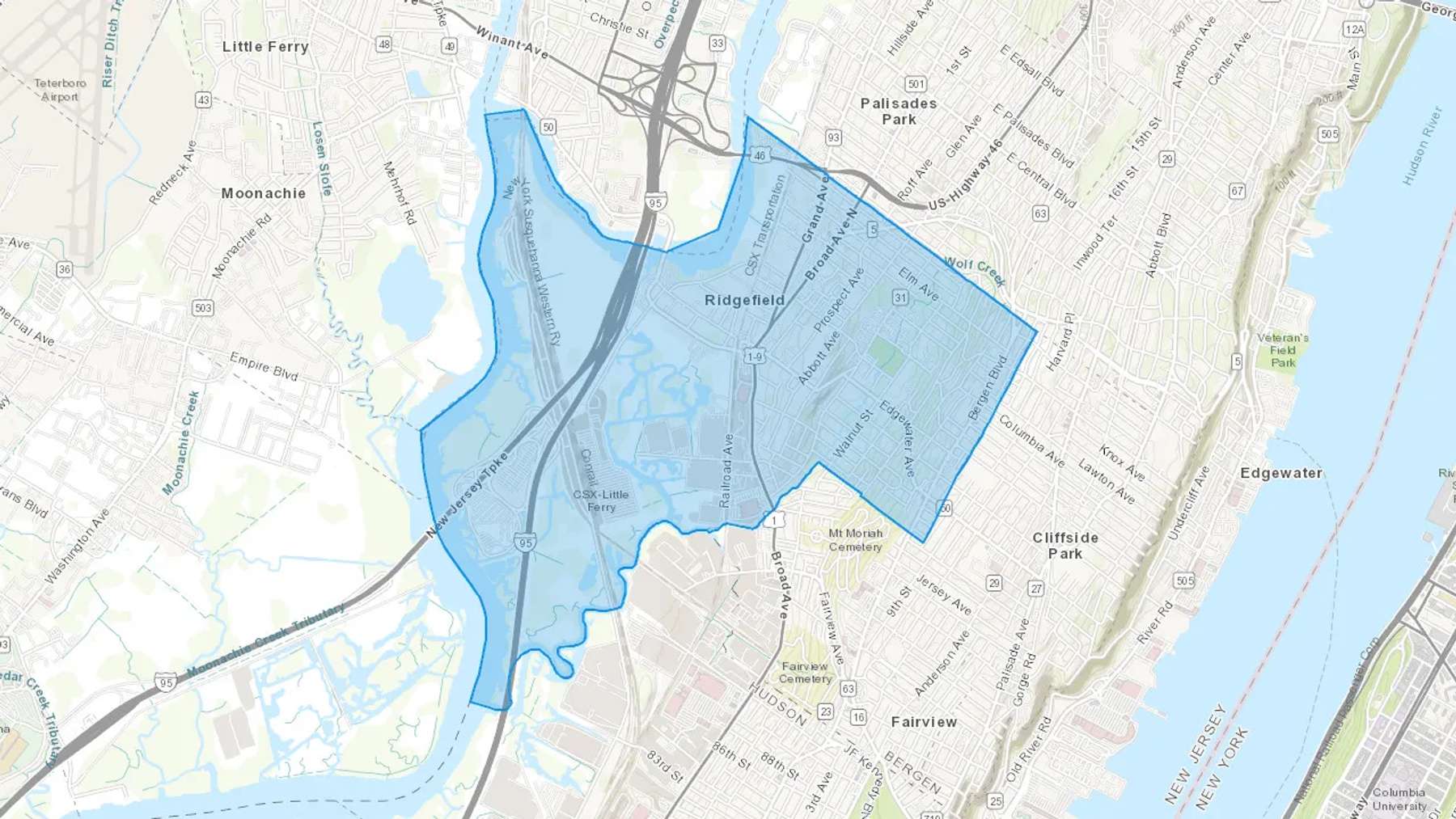 Ridgefield, NJ Cash heating Oil delivery map Map of the COD Fuel Oil delivery service area for Ridgefield, NJ