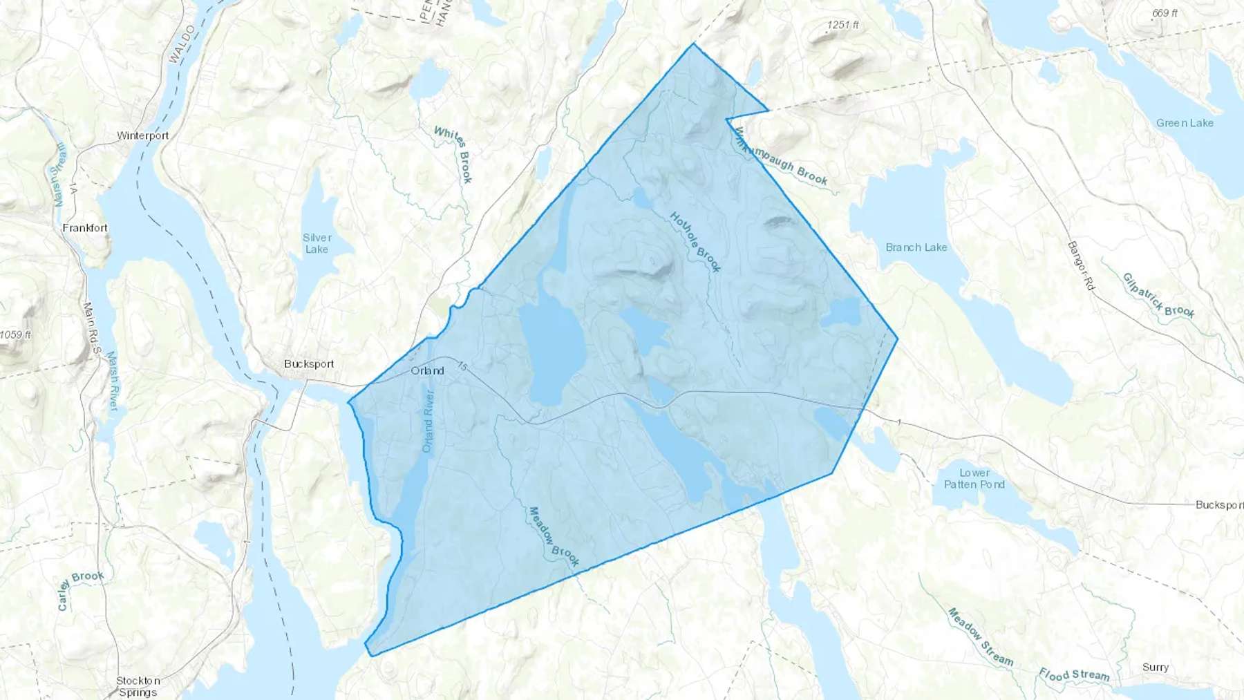 Orland, ME Cash heating Oil delivery map Map of the COD Fuel Oil delivery service area for Orland, ME
