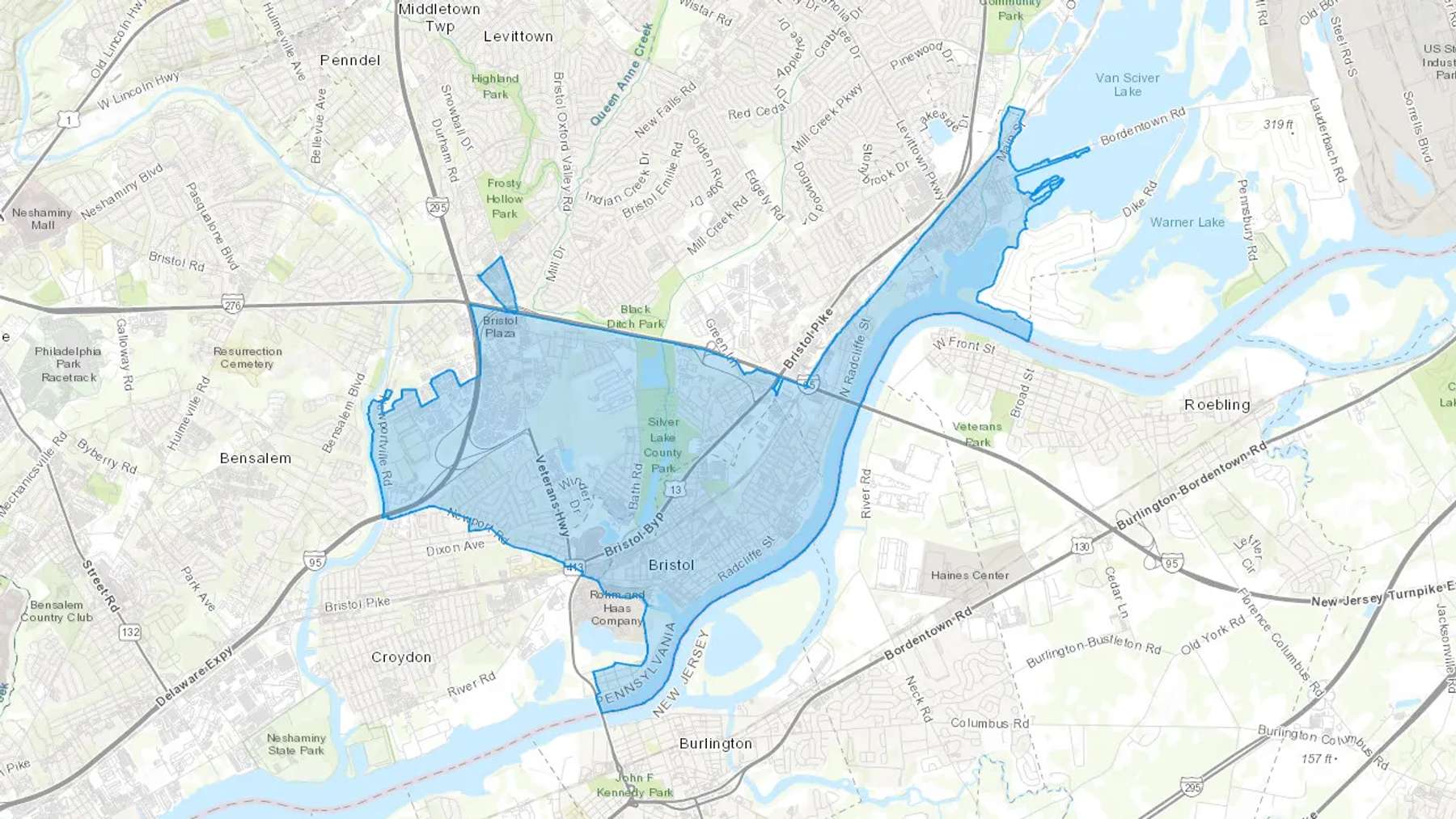 Bristol, PA Cash heating Oil delivery map Map of the COD Fuel Oil delivery service area for Bristol, PA