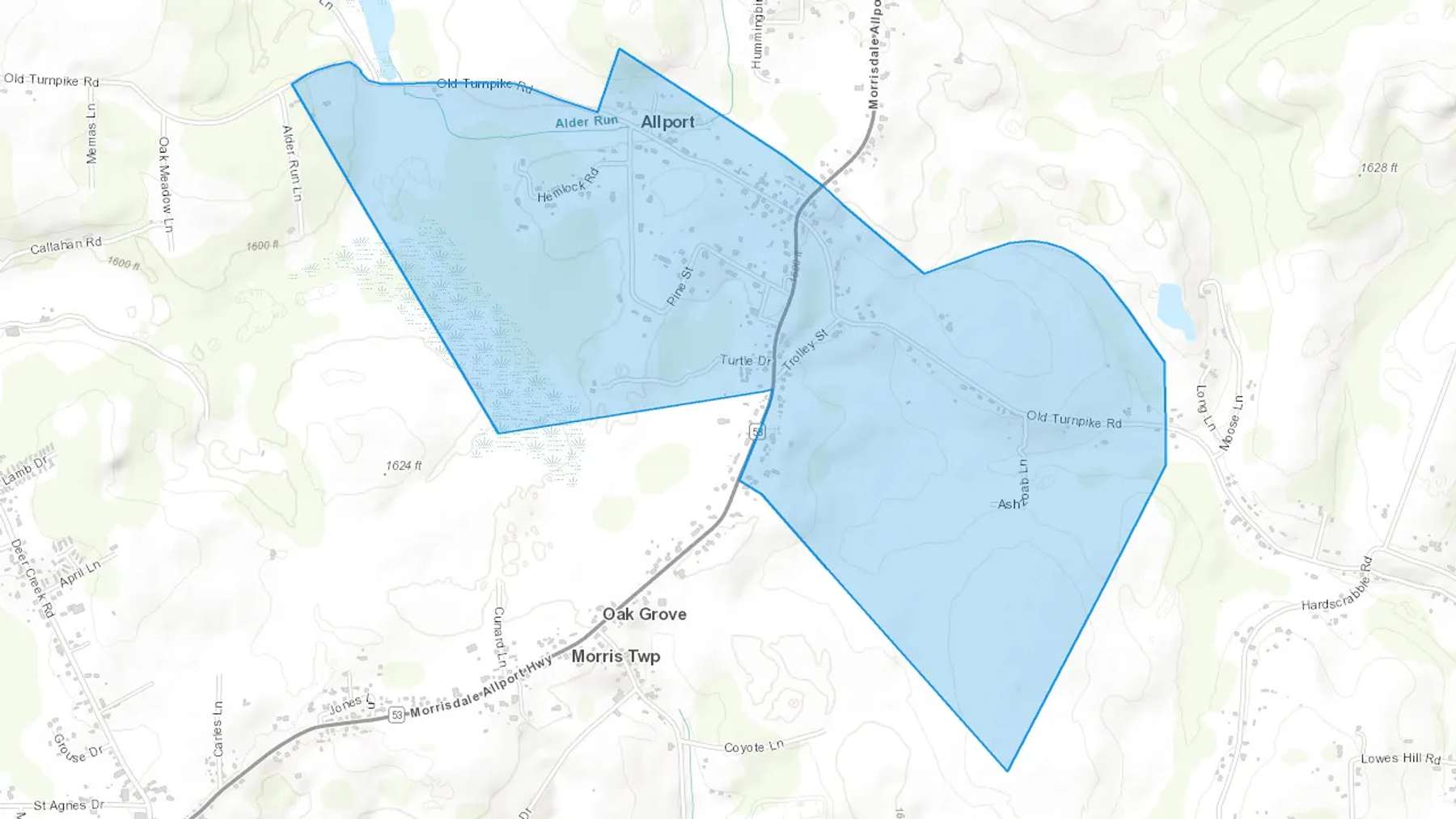 Allport, PA Cash heating Oil delivery map Map of the COD Fuel Oil delivery service area for Allport, PA