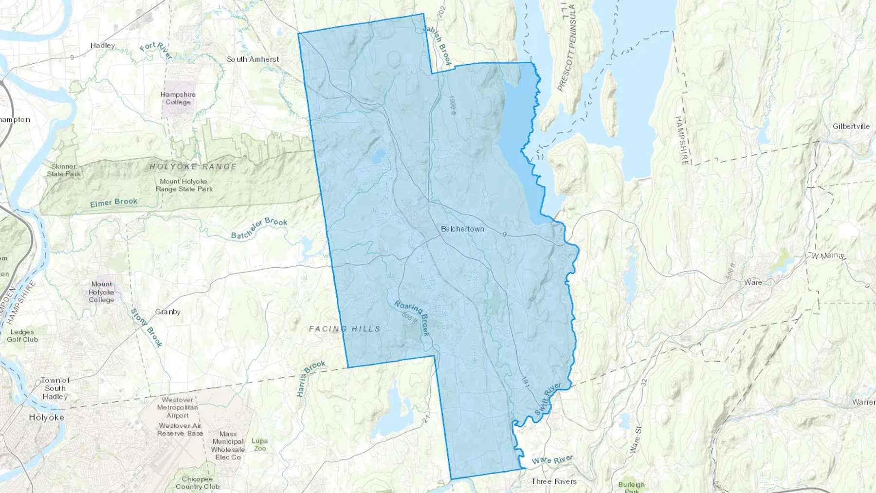 Belchertown, MA Cash heating Oil delivery map Map of the COD Fuel Oil delivery service area for Belchertown, MA