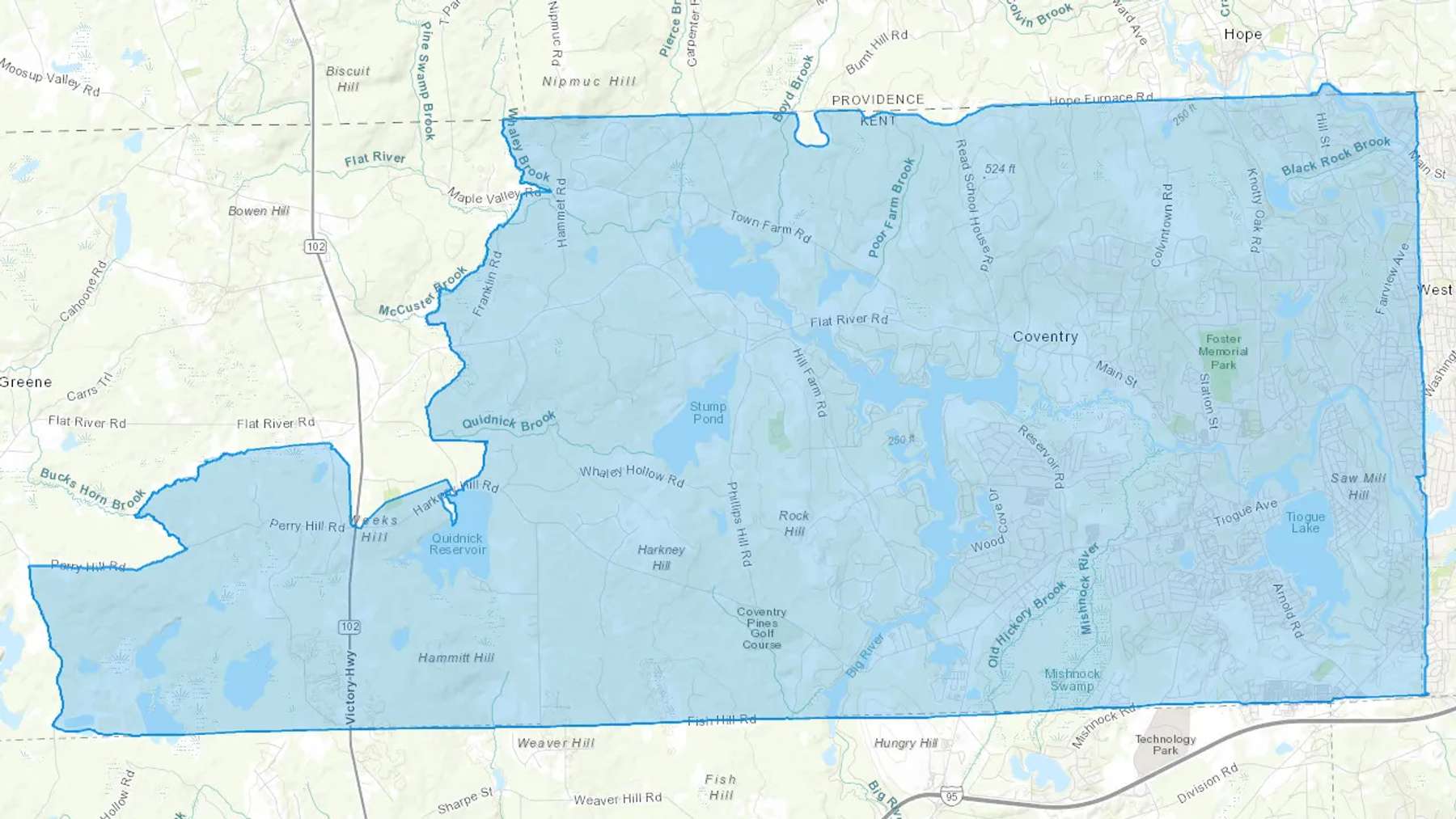 Coventry, RI Cash heating Oil delivery map Map of the COD Fuel Oil delivery service area for Coventry, RI