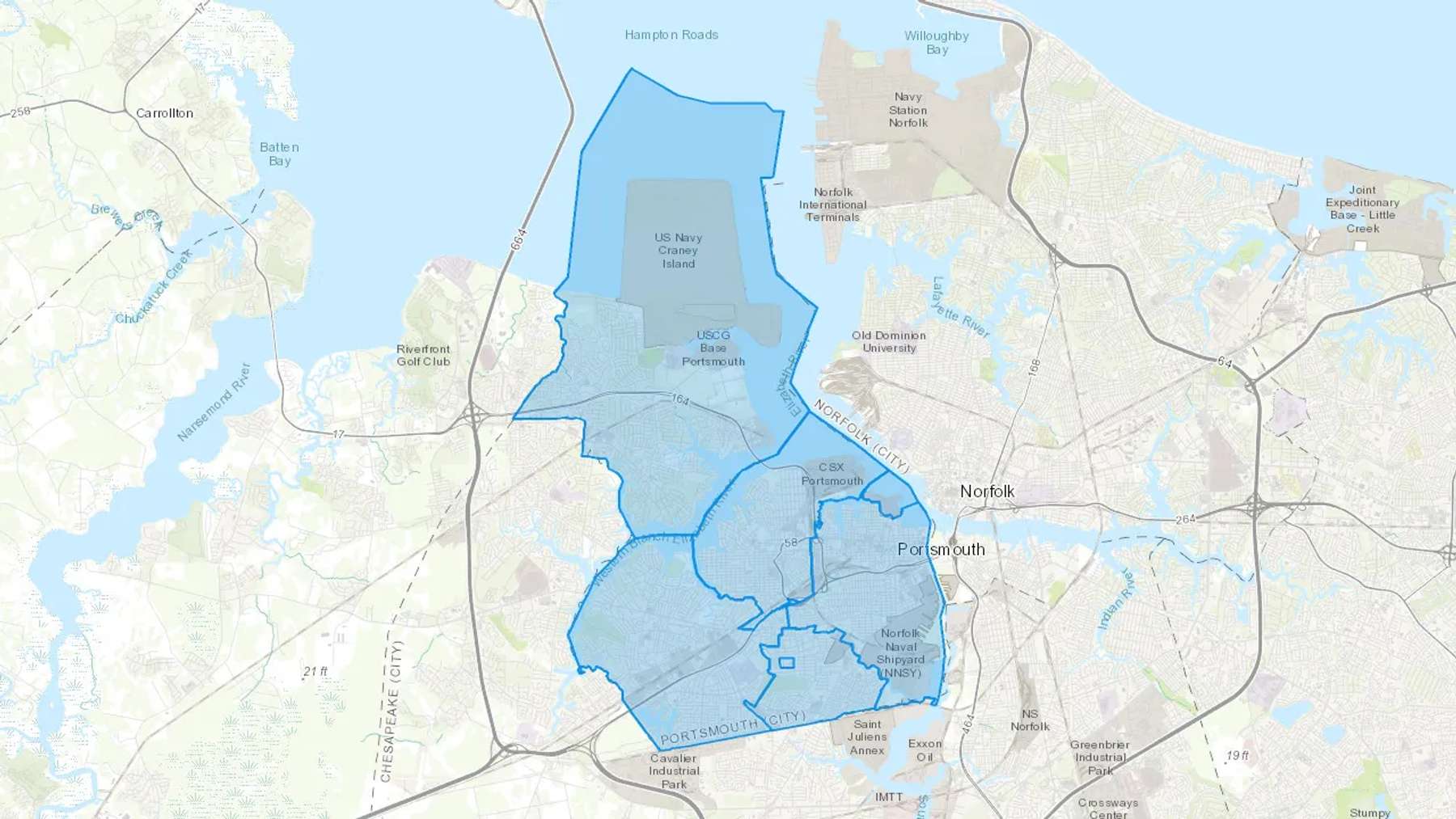 Portsmouth, VA Cash heating Oil delivery map Map of the COD Fuel Oil delivery service area for Portsmouth, VA