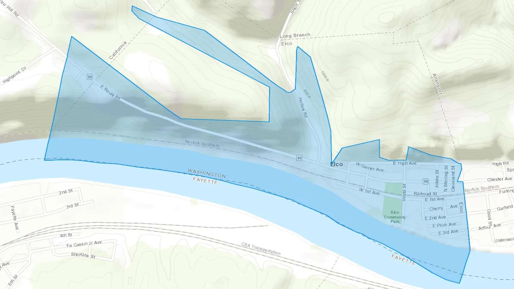 Elco, PA Cash heating Oil delivery map Map of the COD Fuel Oil delivery service area for Elco, PA