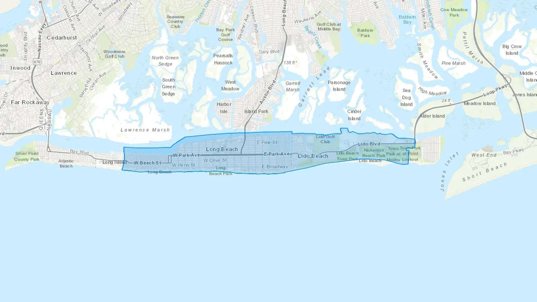 Long Beach, NY Cash heating Oil delivery map Map of the COD Fuel Oil delivery service area for Long Beach, NY