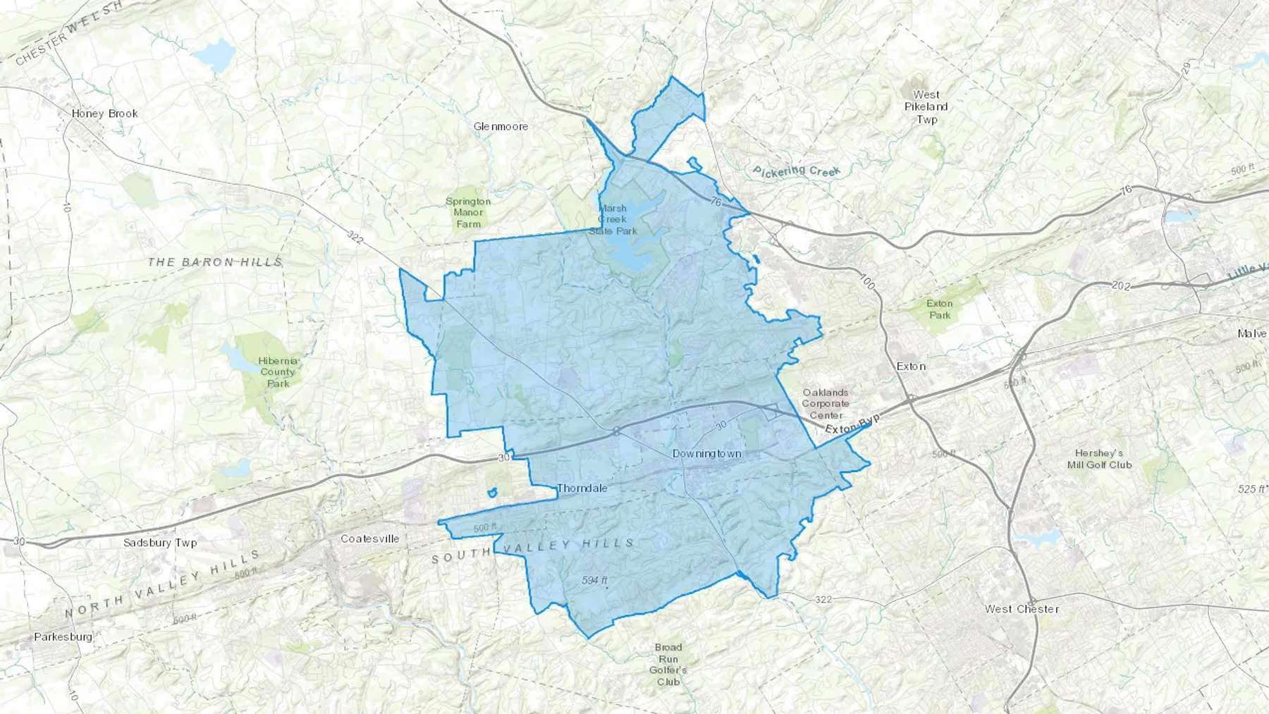 Downingtown, PA Cash heating Oil delivery map Map of the COD Fuel Oil delivery service area for Downingtown, PA