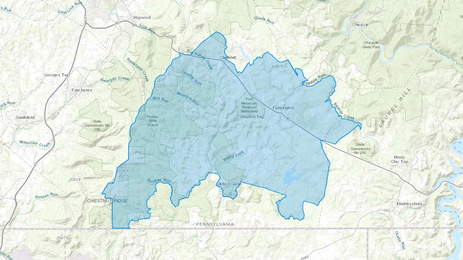 Farmington, PA Cash heating Oil delivery map Map of the COD Fuel Oil delivery service area for Farmington, PA