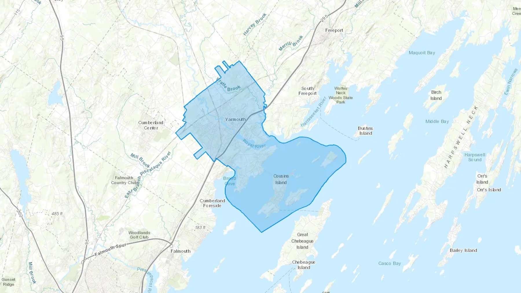 Yarmouth, ME Cash heating Oil delivery map Map of the COD Fuel Oil delivery service area for Yarmouth, ME