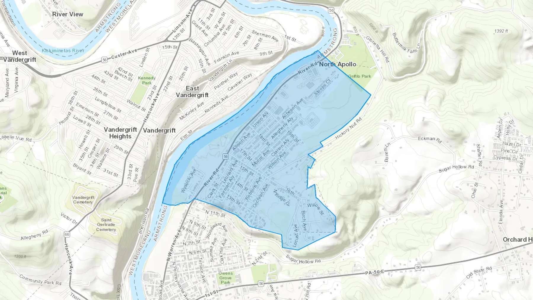 North Apollo, PA Cash heating Oil delivery map Map of the COD Fuel Oil delivery service area for North Apollo, PA