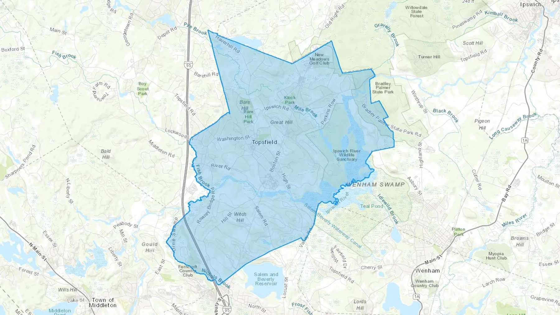 Topsfield, MA Cash heating Oil delivery map Map of the COD Fuel Oil delivery service area for Topsfield, MA