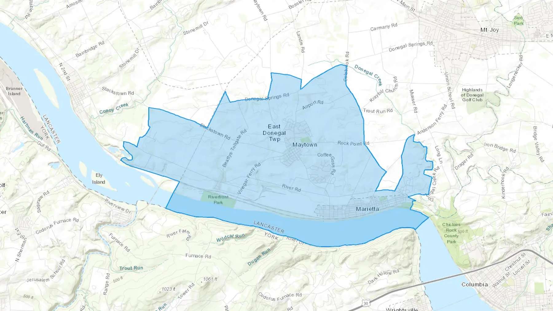 Marietta, PA Cash heating Oil delivery map Map of the COD Fuel Oil delivery service area for Marietta, PA