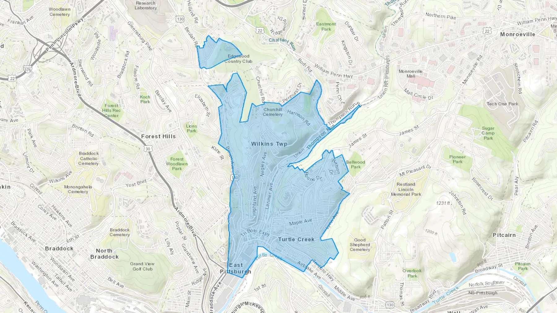 Turtle Creek, PA Cash heating Oil delivery map Map of the COD Fuel Oil delivery service area for Turtle Creek, PA