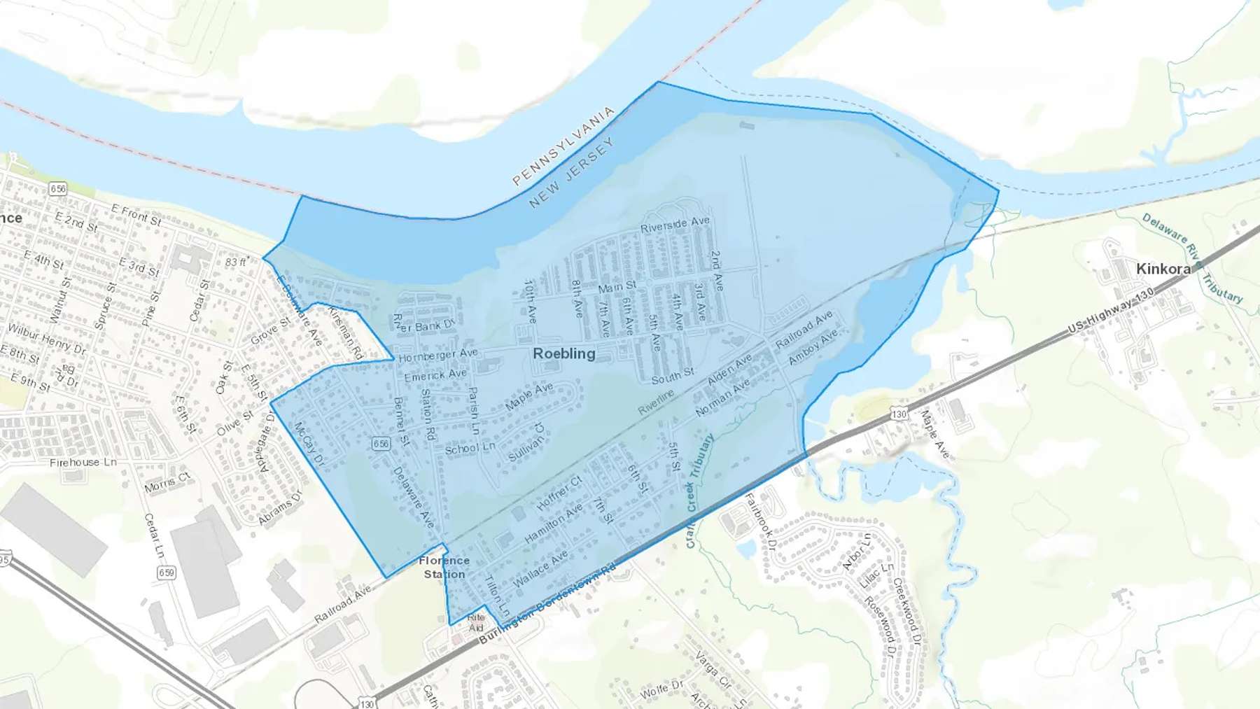 Roebling, NJ Cash heating Oil delivery map Map of the COD Fuel Oil delivery service area for Roebling, NJ