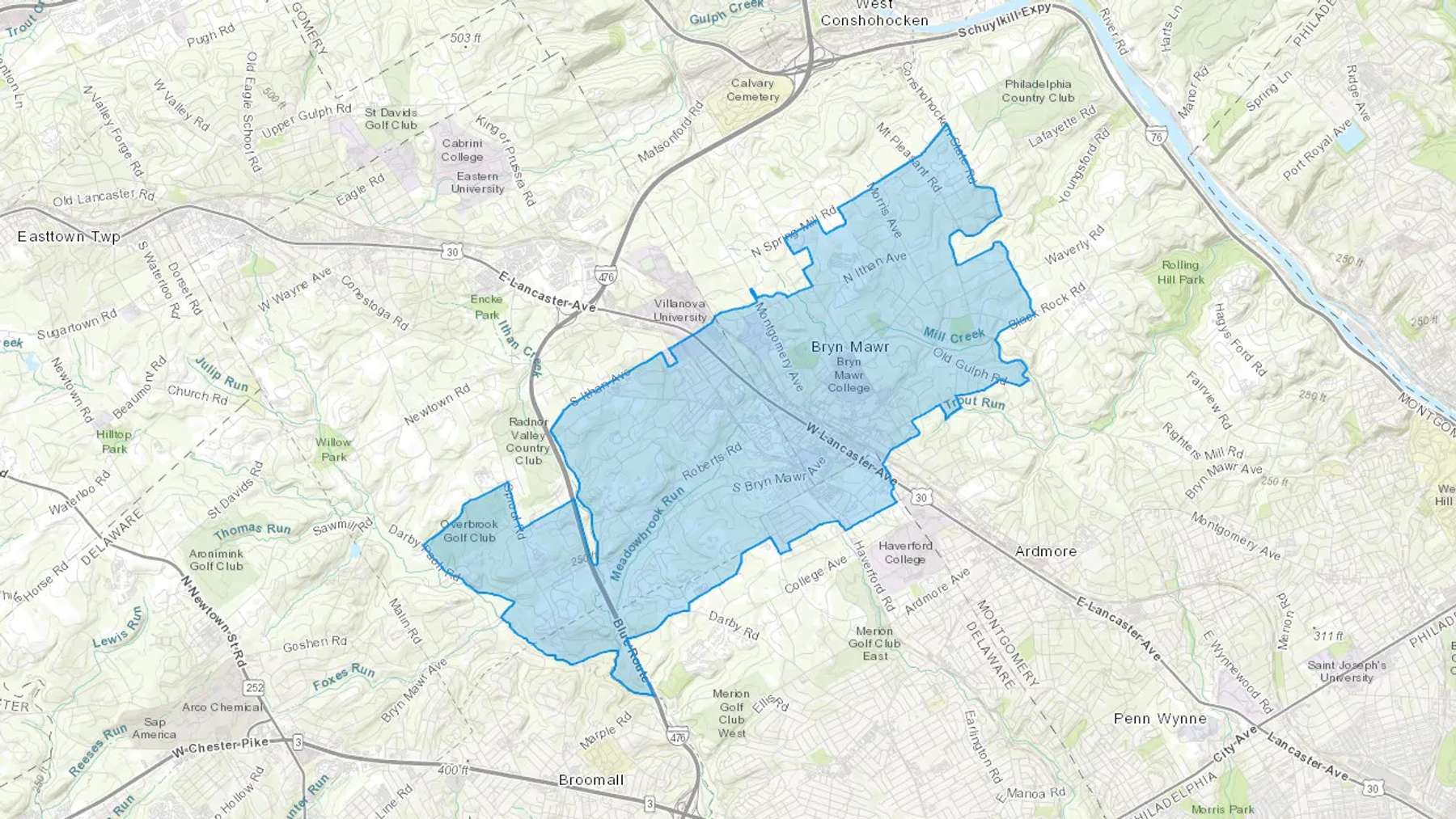 Bryn Mawr, PA Cash heating Oil delivery map Map of the COD Fuel Oil delivery service area for Bryn Mawr, PA