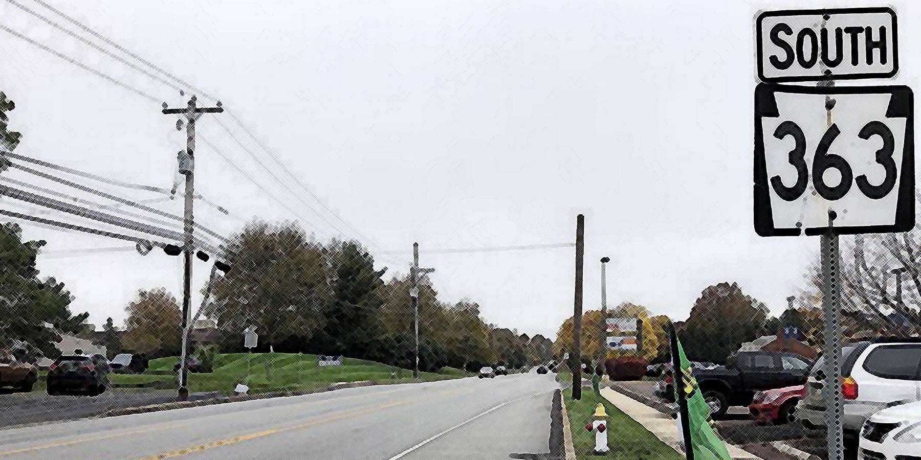 A photo of the road along Pennsylvania Route 363 located in Gwynedd Valley, Pennsylvania A photo of the road along Pennsylvania Route 363 located in Gwynedd Valley, Pennsylvania