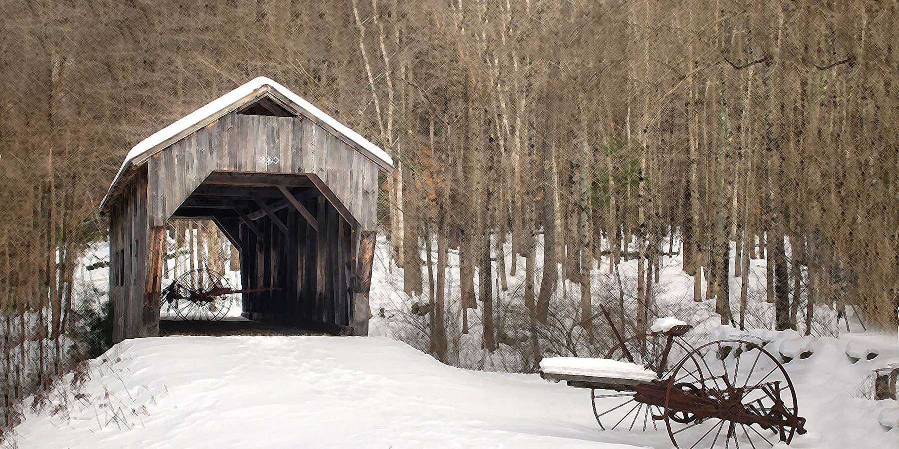 A photo of Titcomb Covered Bridge in winter with a cart located in Perkinsville, Vermont A photo of Titcomb Covered Bridge in winter with a cart located in Perkinsville, Vermont
