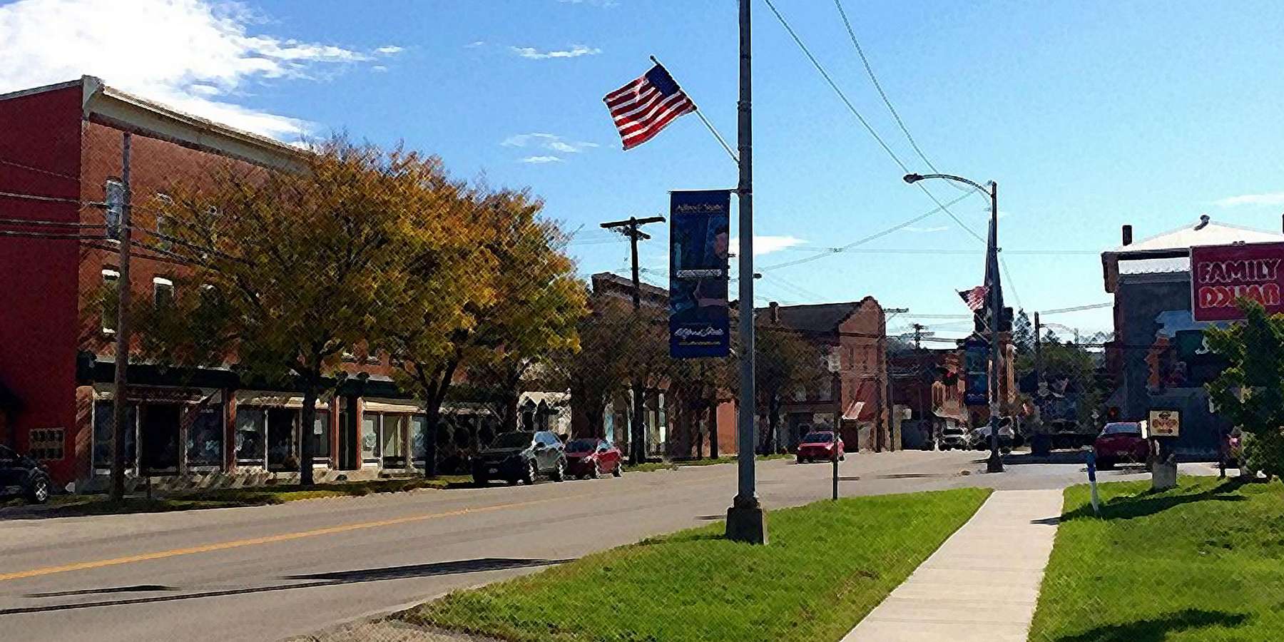 A Photo of Genesee Street with a Flag during daylight in Cuba, New York A Photo of Genesee Street with a Flag during daylight in Cuba, New York