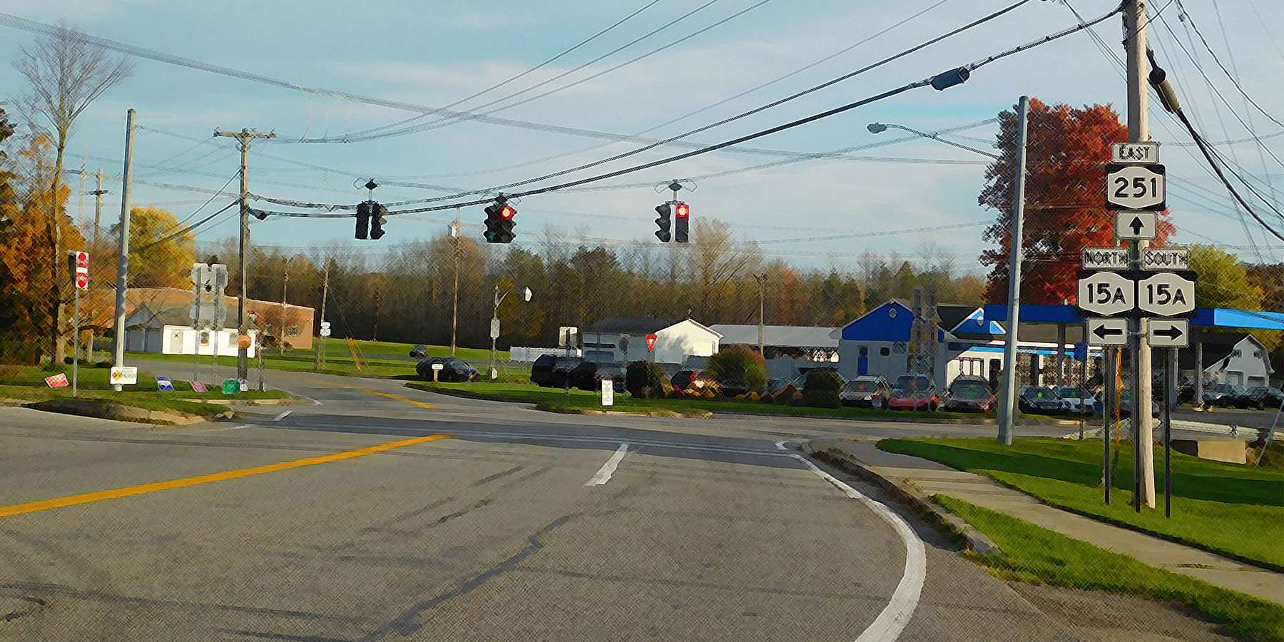 Photo of NY 251 east at NY 15A in Rush, New York. Photo of NY 251 east at NY 15A in Rush, New York.